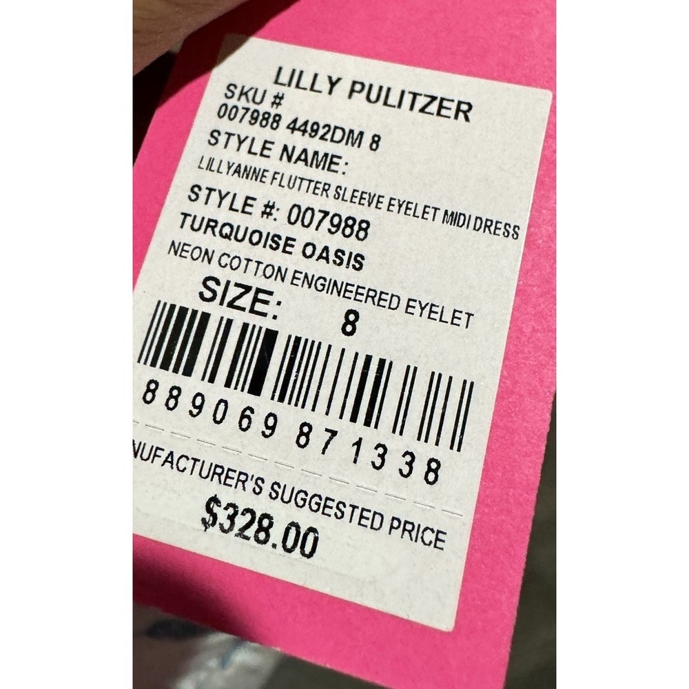 Lilly Pulitzer Lillyanne Eyelet Midi Dress Size 8 Turquoise blue Oasis Neon New - Picture 8 of 8